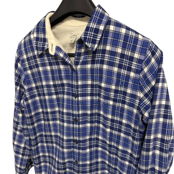 LL Bean Shirt Jacket Women Large Blue Plaid Flannel Sherpa Lined Shacket - Picture 2 of 6